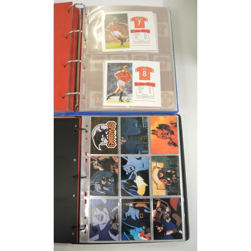 321 - Five albums of trading cards, including Merlin, Pog, Skybox, Vertigo, Top Trumps, Topps, Star Wars a... 