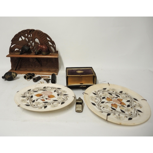 379 - Two Agraware marble floral inlaid plates, small leather cased prayer book, carved wooden pipe rack w... 