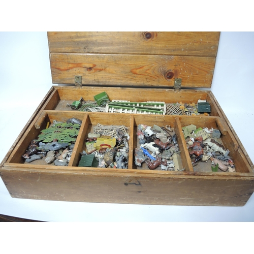 382 - Wooden box containing a large collection of various early 20th Century lead farm figures of animals,... 