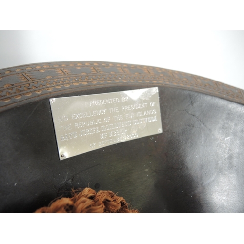 391 - Fijian carved hardwood ceremonial kava bowl with presentation plaque, together with another smaller