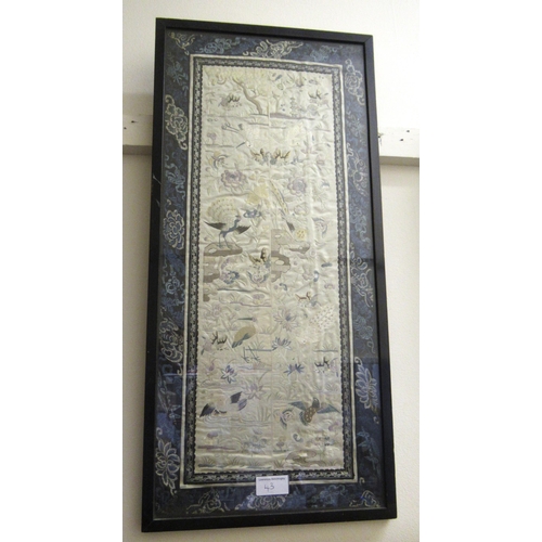 43 - Two near pairs of late 19th / early 20th Century Chinese silk embroidered sleeve panels in ebonised ... 