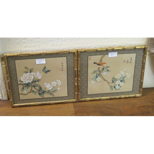 45 - Oriental silk picture of birds, together with another and a pair of framed similar prints