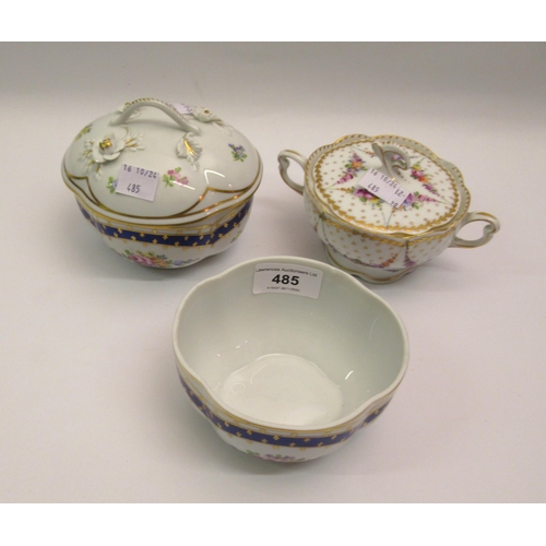 485 - Dresden floral and gilt decorated sugar bowl and cover, with matching basin, and another two handled... 