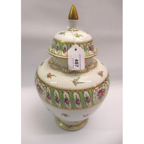 487 - Dresden baluster form floral decorated vase with gilt highlights with matching cover