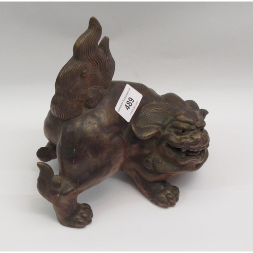 489 - 19th Century bronze patinated terracotta figure of a temple dog, 20cm wide