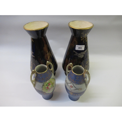 493 - Pair of 19th Century English pottery vases in Aesthetic movement style, together with another simila... 