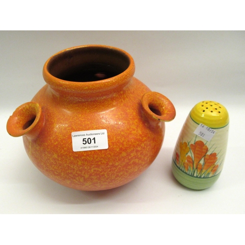 501 - Clarice Cliff Crocus pattern sugar caster, 12cm high, together with a Barnstaple pottery orange lust... 