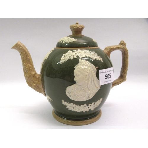 505 - Copeland late Spode Jasperware type teapot in green, brown and white, decorated in high relief with ... 