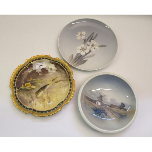 510 - Limoges circular porcelain plate, painted with fish, together with Royal Copenhagen daffodil pattern... 