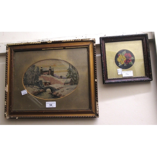 54 - Group of three framed woolwork pictures, a snowy landscape, figures before a fireplace and flowers