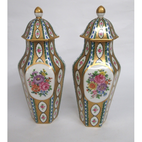 566 - Pair of Dresden gilt and hand painted floral decorated vases with covers, 24cm high each