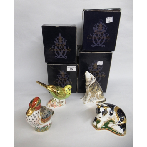 568 - Four Royal Crown Derby paperweights, ' GW Teal ', ' Budgerigar ', ' Border Collie ' and ' Wolf ', al... 