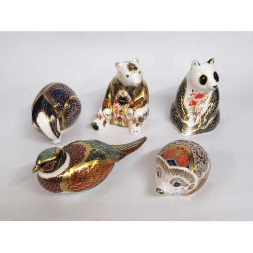 570 - Group of five Royal Crown Derby paperweights, ' Panda ', ' Hawthorn ', ' Badger ', ' Seated Bear ' a... 