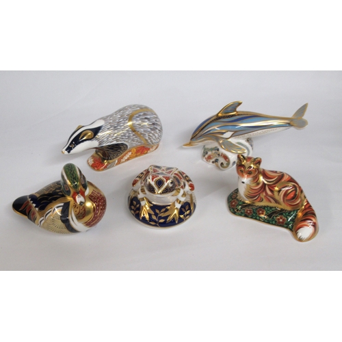 571 - Group of five Royal Crown Derby paperweights, ' Dolphin ', ' Fox Cub ', ' Woodland Badger ', ' Carol... 