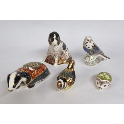 572 - Five various Royal Crown Derby paperweights, ' Molly ', ' Moonlight Badger ', ' Primrose ', ' Violet... 