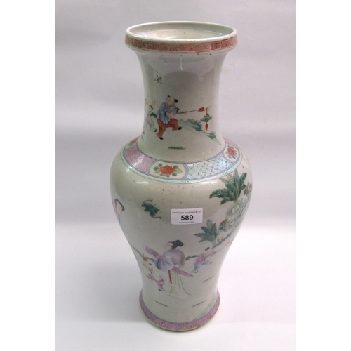 589 - 19th Century Canton famille rose baluster form vase painted with various figures in landscapes, 48cm... 