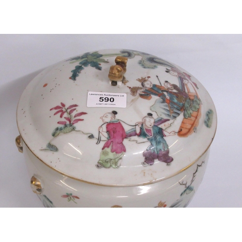 590 - 19th Century Chinese porcelain covered jar decorated in famille rose palette with figures in a lands... 