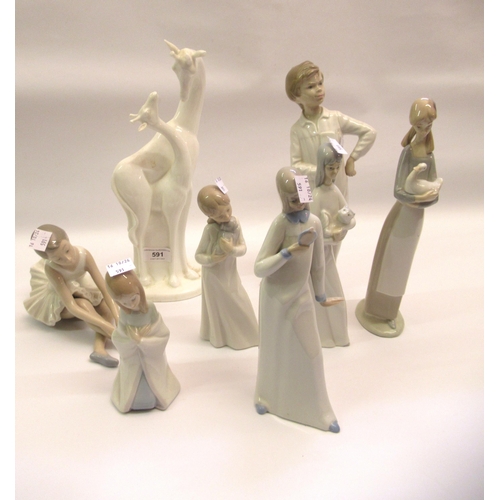 591 - Small Lladro figure of a kneeling girl, together with six other various Nao and other similar figure... 