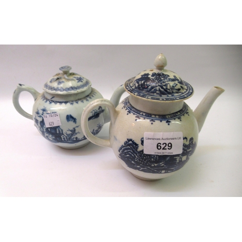 629 - 18th Century blue and white transfer printed teapot with associated cover, possibly Pennington (at f... 