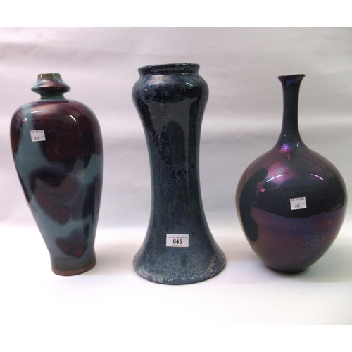 645 - Unmarked Art pottery baluster form vase, decorated with mottled blue and purple glazes, 35cm high, t... 