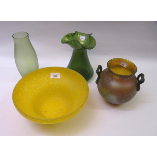 650 - Three items of iridescent Art glass, the tallest 21cm, together with yellow mottled Art glass bowl, ... 