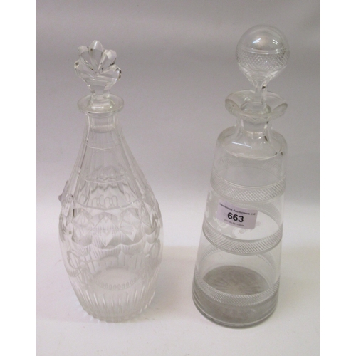 663 - Cut glass decanter etched with swags, together with another glass decanter with a stopper