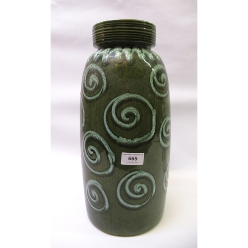 665 - West German green pottery baluster form vase, 38cm high