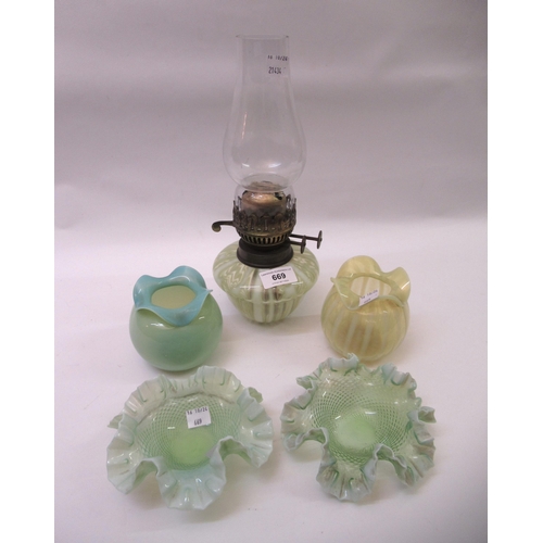 669 - Vaseline glass oil lamp, together with four various Vaseline glass vases and dishes