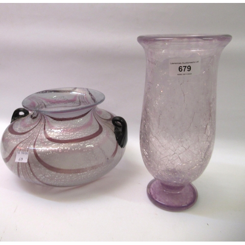 679 - Schneider pink crackle glass vase, 26cm high, together with another art glass two handled squat balu... 