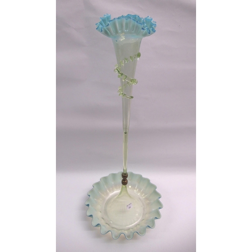 690 - Vaseline glass epergne and tazza, two ' Jack in the Pulpit ' vases and two others