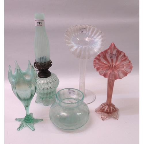 691 - Vaseline glass ' Wee Willie Winkie ' oil lamp, two ' Jack in the Pulpit ' vases and two others