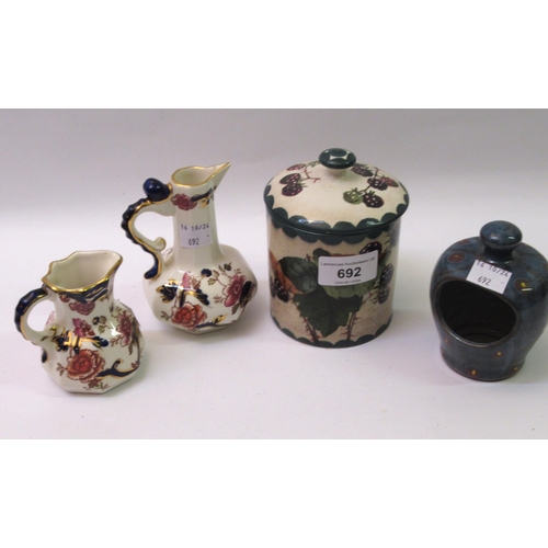 692 - Two miniature Masons Mandalay jugs, Wemyss blackberry pot and a lustre pot by Robert Goldsmith