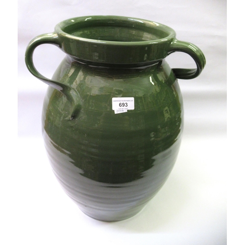 693 - Brannan green glazed pottery three handled floor vase, 50cm high