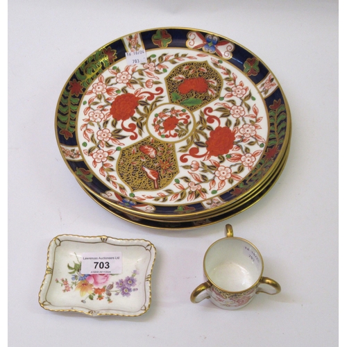 703 - Set of four Derby Imari pattern circular dishes, miniature Derby three handled cup and a small Derby... 