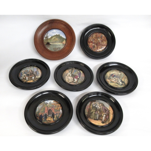 707 - Collection of thirty one 19th Century Prattware pot lids in turned wooden frames, together with a pa... 