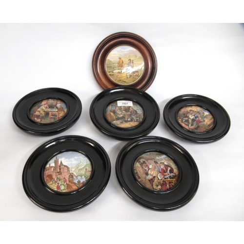 707 - Collection of thirty one 19th Century Prattware pot lids in turned wooden frames, together with a pa... 