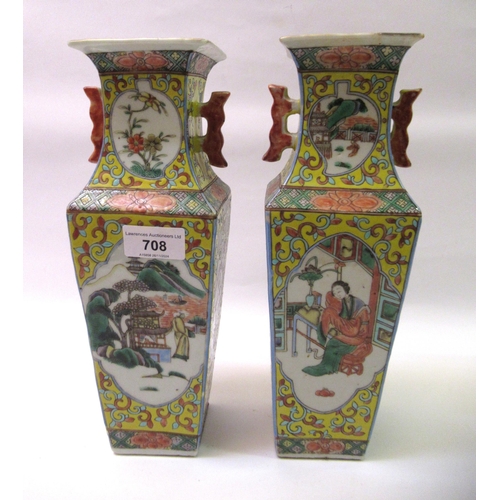 708 - Pair of late 19th Century Chinese famille verte square baluster form two handled vases painted with ... 