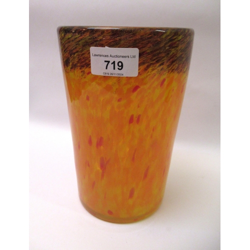 719 - Monart type orange cylindrical glass vase, 20cm high