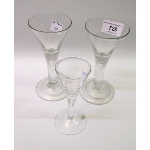 728 - Group of three 18th Century wine glasses with tear drop stems, the tallest 15cm high