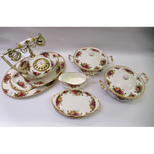 739 - Royal Albert Old Country Roses pattern brass and ceramic telephone, together with a pair of matching... 