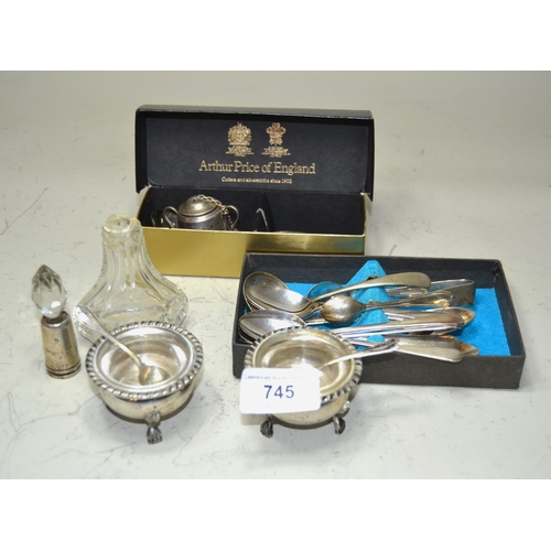 745 - Pair of Continental silver (800 mark) salts, silver mounted perfume bottle and a small quantity of o... 