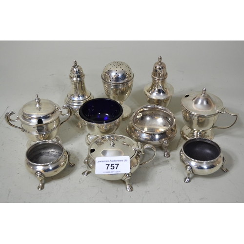 757 - Three silver peppers, four various silver open salts and three silver mustard pots, 16oz t