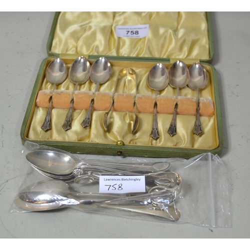 758 - Cased set of six silver coffee spoons with matching tongs, six other small silver spoons, pair of si... 