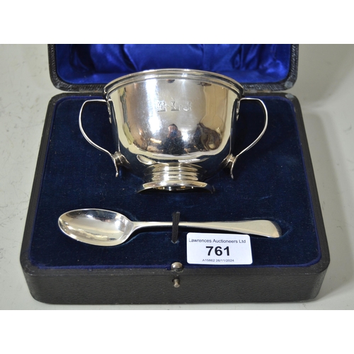 761 - Silver two handled Christening bowl with spoon in the original fitted case, 4oz t