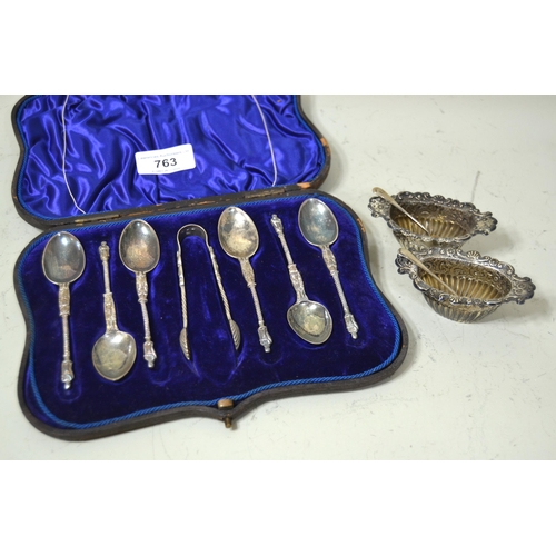 763 - Cased set of six silver Apostle handled spoons with matching tongs, together with a pair of silver s... 