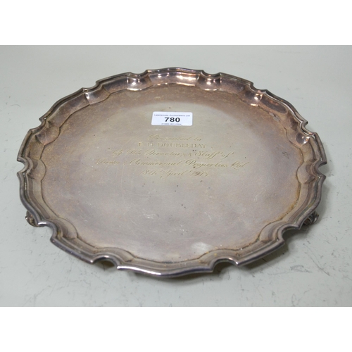 780 - Sheffield silver presentation salver, 19oz t