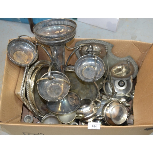 784 - Box containing a quantity of various silver plated items incuding an epergne etc.