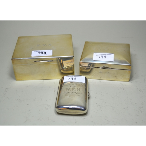 798 - Two rectangular silver cigarette boxes and a silver cigarette case