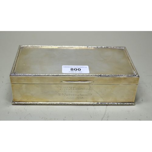 800 - Birmingham silver rectangular cigarette box with hinged engine turned cover, 18cm wide