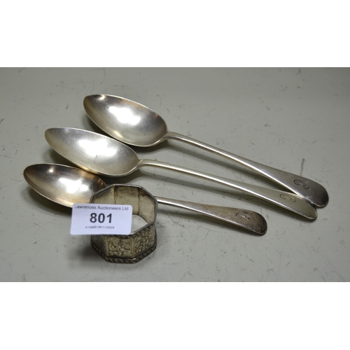 801 - Two silver Old English pattern tablespoons, similar dessert spoon and a napkin ring, 7.5oz t